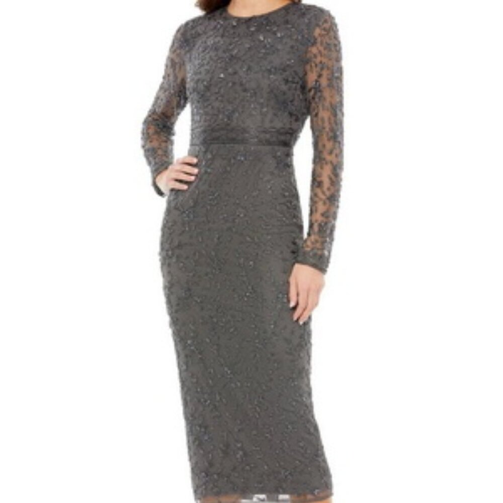 Mac Duggal Charcoal Grey Floral Beaded Long Sleeve Sheath Dress